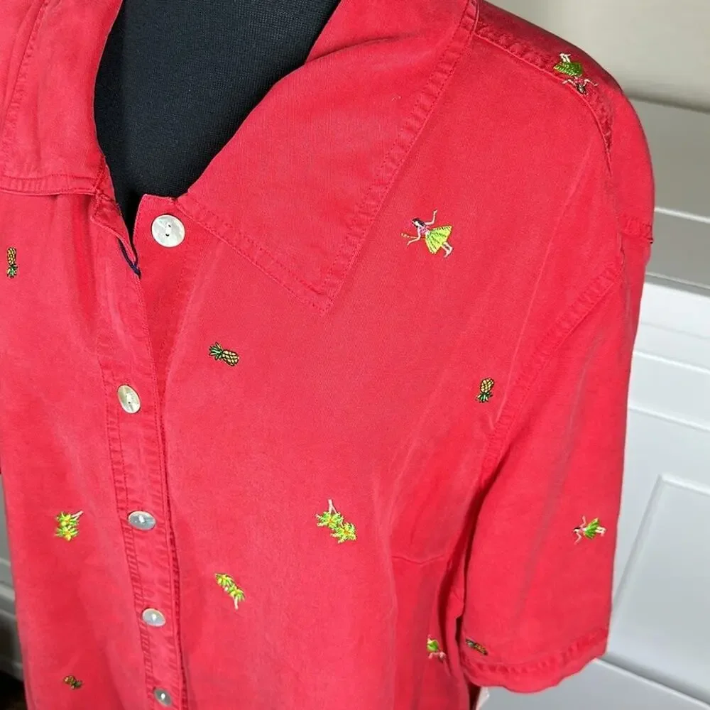 Amy K Su Embroidered Button Up Shirt Tropical Pineapples Hula Girls Red Size 2X